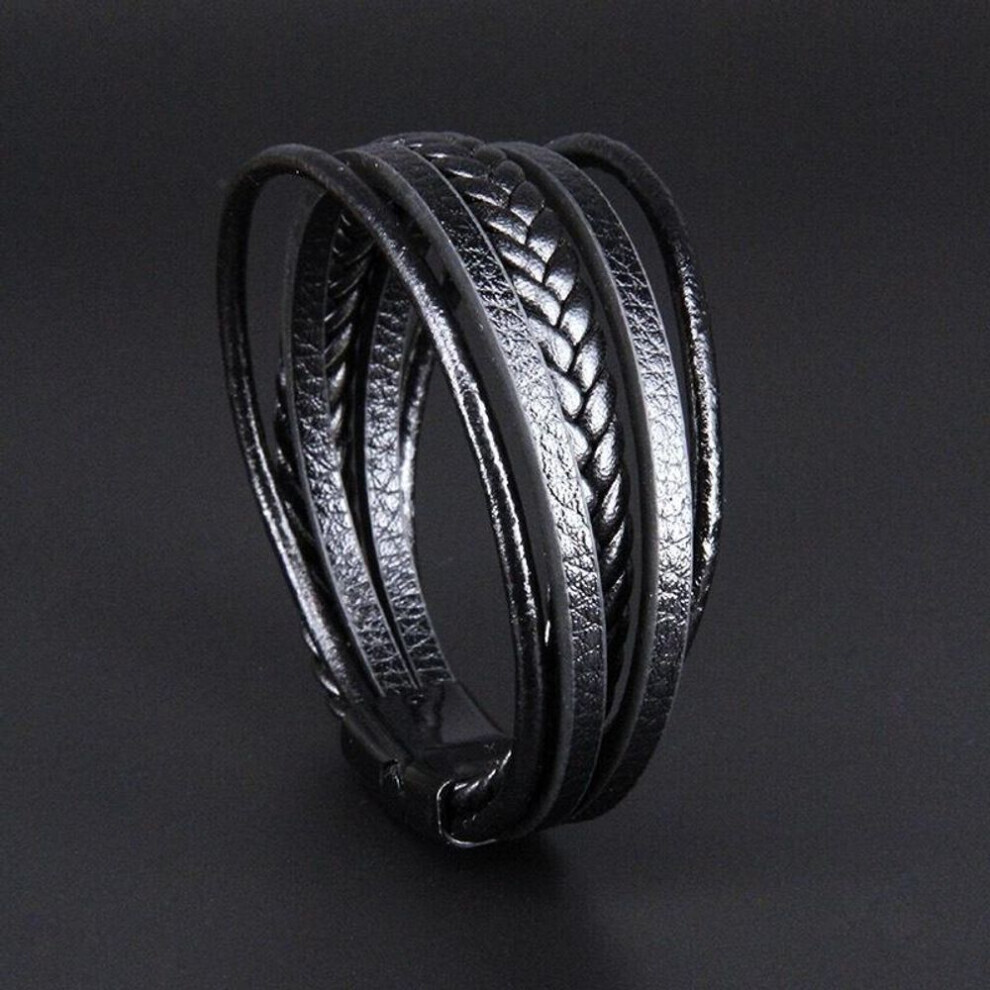 (black) Handsome Brown Men&apos;s Magnetic Leather Buckle Buckle Hand-woven Multi-layer Leather Bracelet