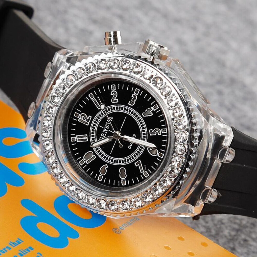 (black) Fashion Rhinestone Led Luminous Watch For Women Outdoor Sports Digital Woman Wirstwatch Clock