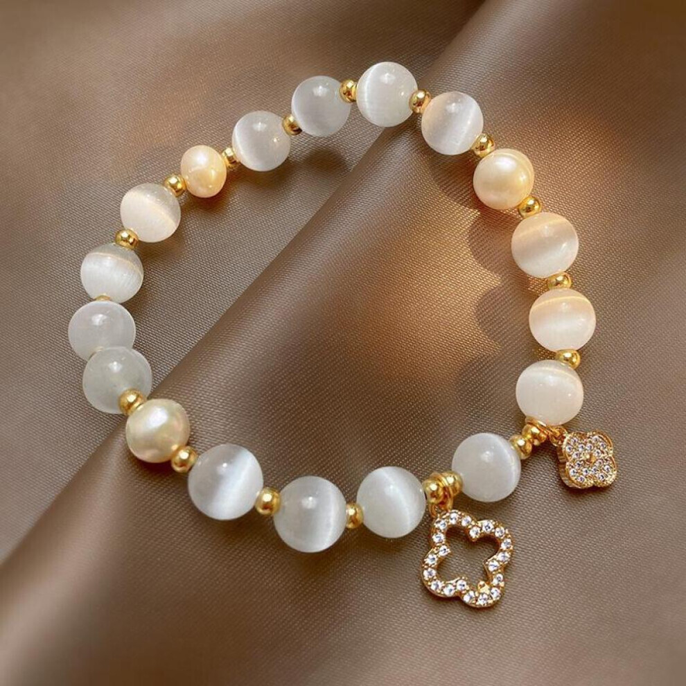 Maxpower (Gold) Elegant Crystal Bracelet White Stone Lucky Four Leaf Clover Bracelets For Women Jewelry Gift White,Gold