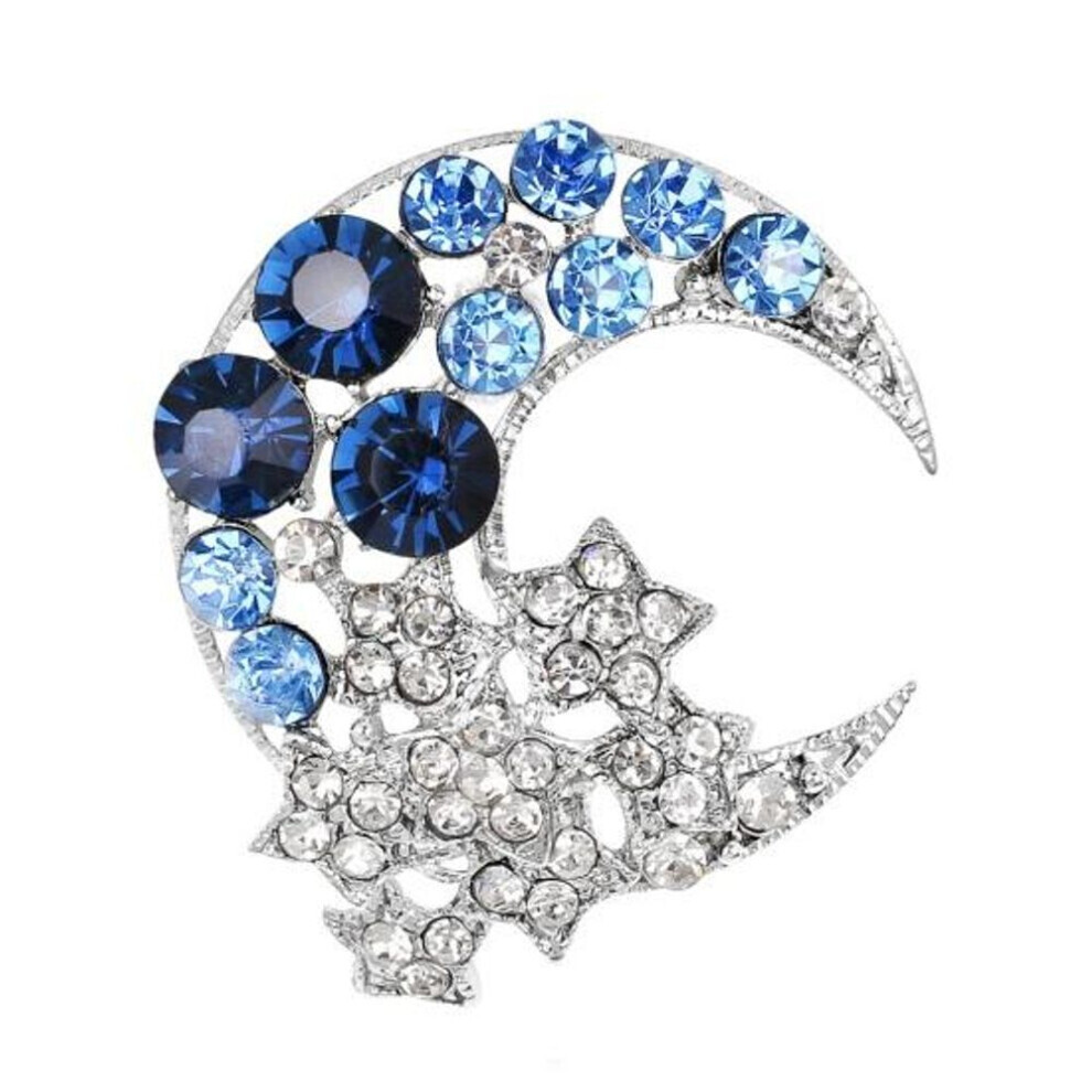 (blue) Temperament Moon Star Brooch Crescent Moon Brooch Pin Suit Pin Sparkling Half Moon Rhinestone Inlaid Generous Brooch Clothes Ornaments Jewelry Gift