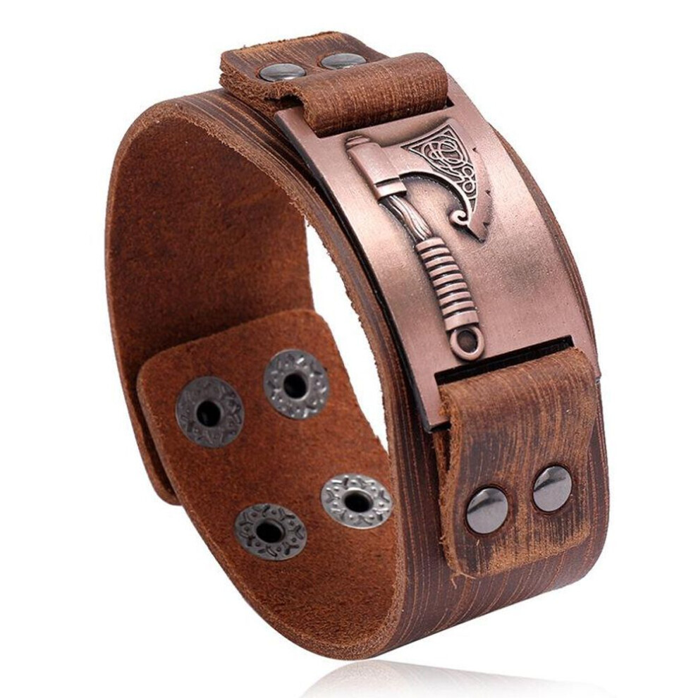 (atomic tangerine, 23.5CM) Nordic Viking Battle Axe Cowhide Bracelet Vintage Simple Punk Bracelet Men&apos;s Motorcycle Wide Leather Bracelet