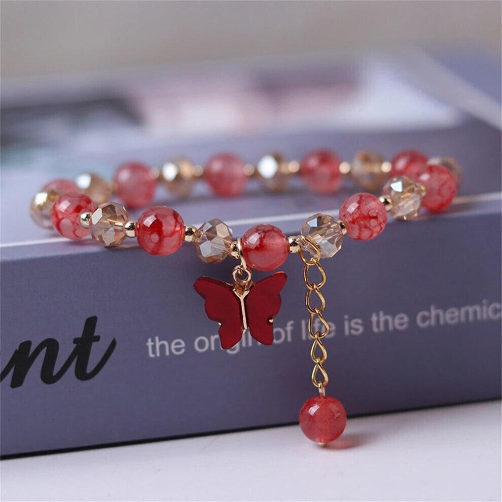 Maxpower (Red) Fashion Butterfly Beaded Bracelets For Women Girls Imitation Jade Bohemian Charm Bracelet Wrist Jewelry Red