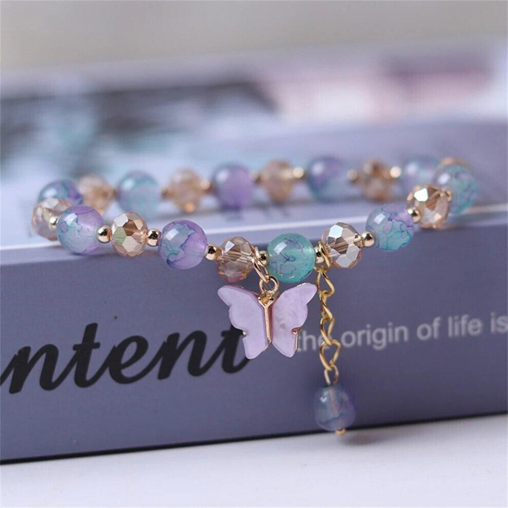 (purple) Fashion Butterfly Beaded Bracelets For Women Girls Imitation Jade Bohemian Charm Bracelet Wrist Jewelry