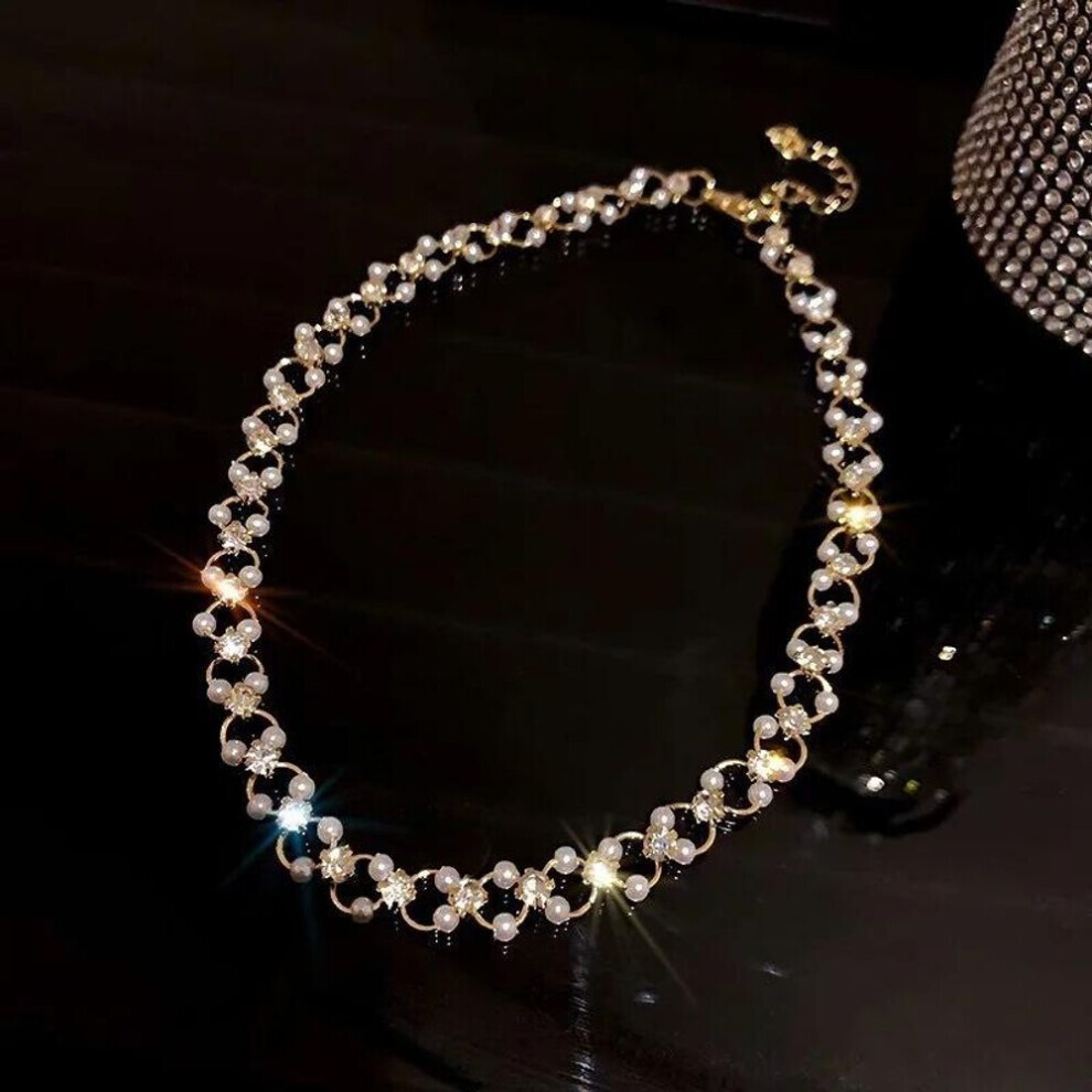 Maxpower (Gold) Inlaid Rhinestone Pearl Necklace Simple Shiny Zircon Woven Choker Necklace Women Personality Clavicle Chain Wedding Jewelry White,Gold