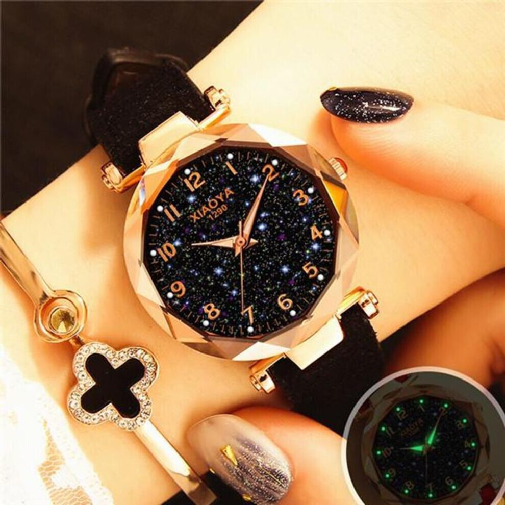 (black) Women Luxury Watch Personality Romantic Luminous Starry Sky Wristwatch Leather Rhinestone Watch