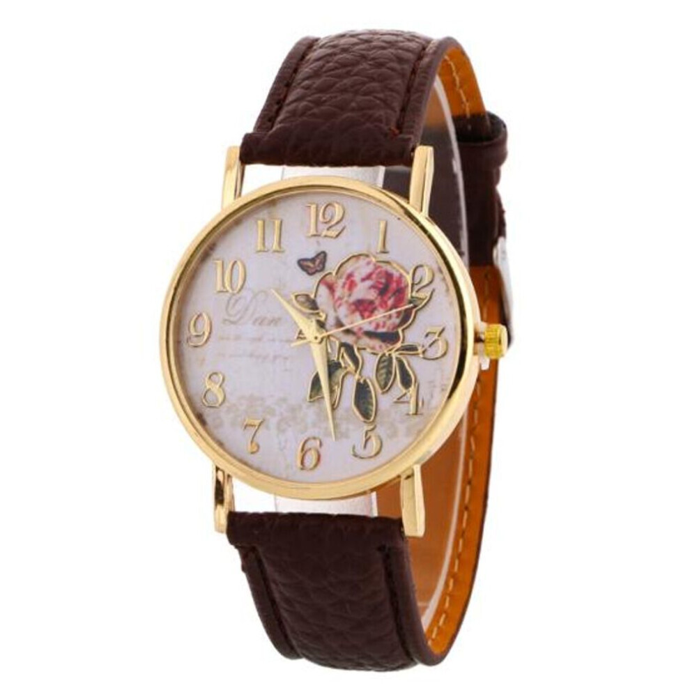 (brown) Women Arabic Number Rose Flower Round Dial Faux Leather Band Quartz Wrist Watch