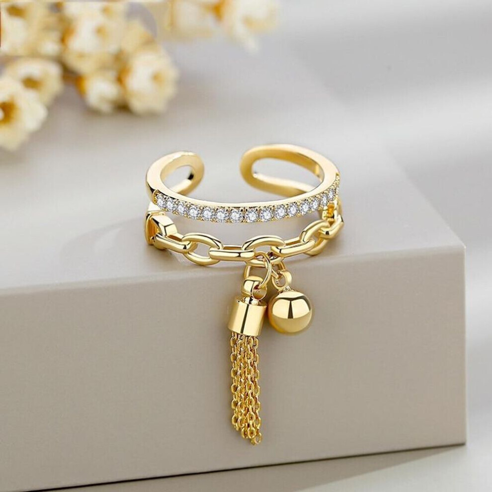 (gold) Vintage Ethnic Crystal Rings Link Chain Zirconia With Spike Pendant Golden/white Fingure Ring For Women Opening Ring Jewelry