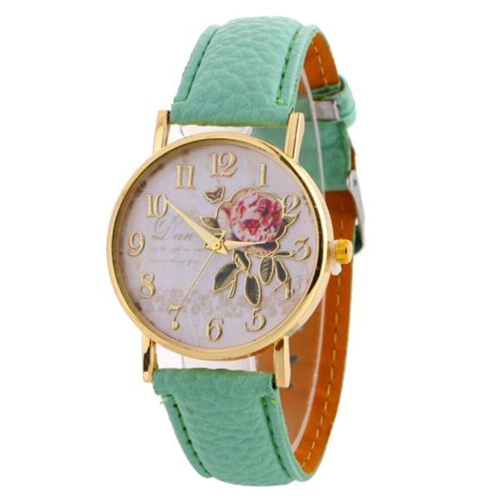 (light blue) Women Arabic Number Rose Flower Round Dial Faux Leather Band Quartz Wrist Watch
