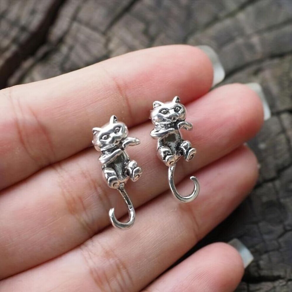 Maxpower (Silver) Cute Cat Earrings For Women Girls Animal Gothic Stud Earrings Piercing Female Korean Jewelry Brincos
