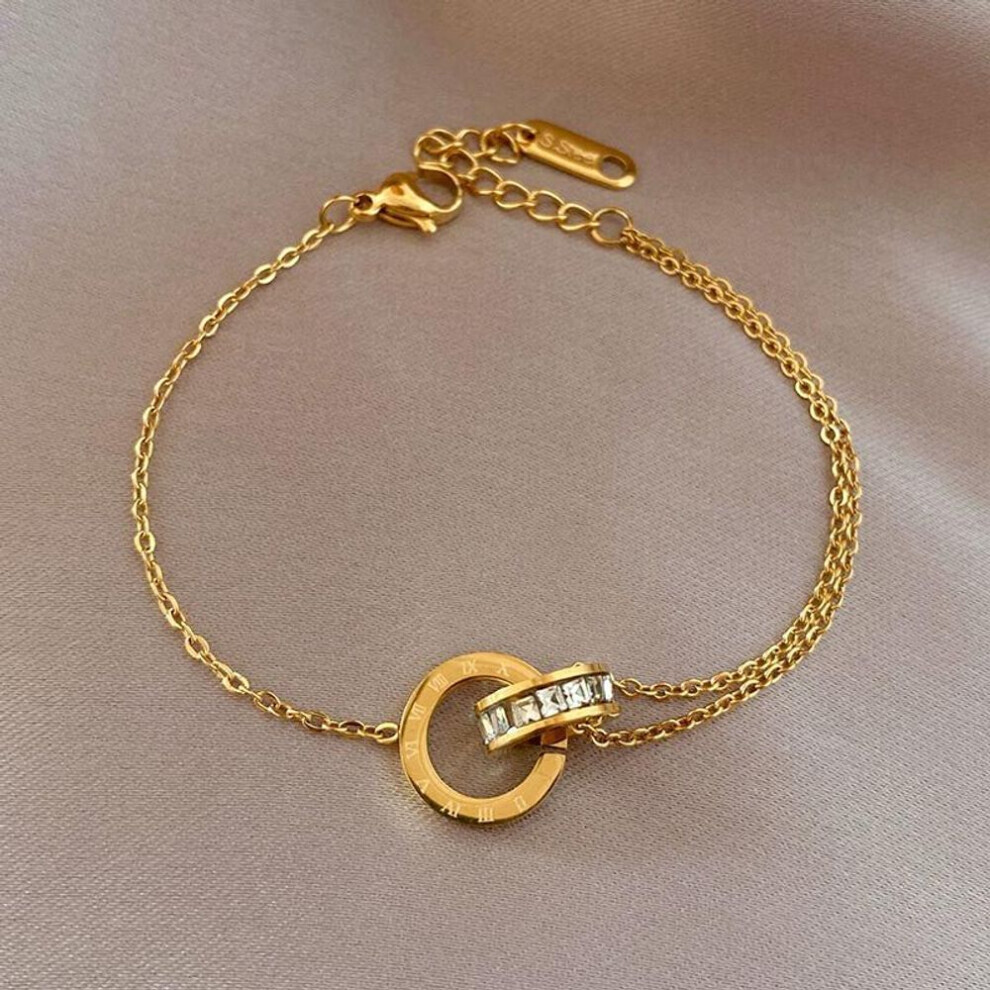 Maxpower (Gold) Titanium Bracelet Colorfast Rose Roman Numeral Double Ring Bracelet Ins Personalized Bracelet Gold