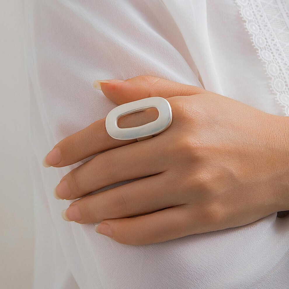 Maxpower (Silver) Exaggerated Big Hollow Out Geometric Oval Rings For Women Creative Adjustable Finger Matte Rings Fashion Statement Jewelry Girls Silver