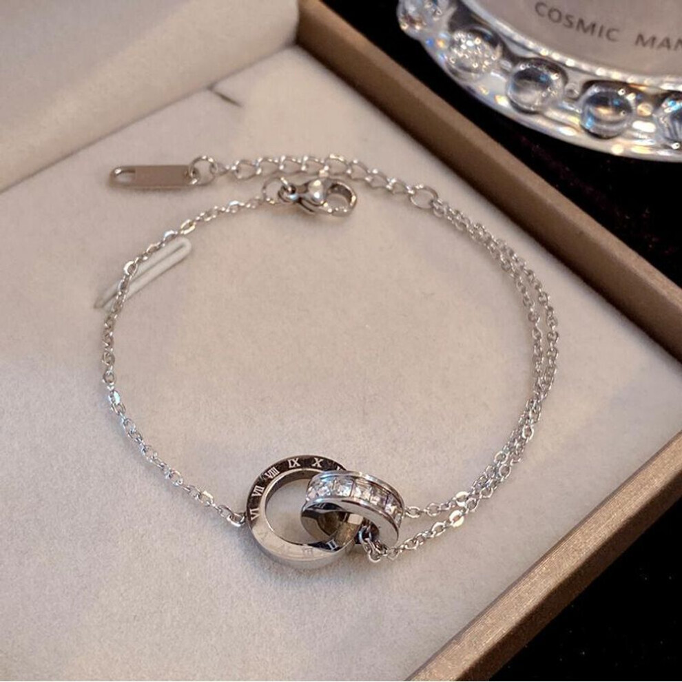 Maxpower (Silver) Titanium Bracelet Colorfast Rose Gold Roman Numeral Double Ring Bracelet Ins Personalized Bracelet Silver,Gold