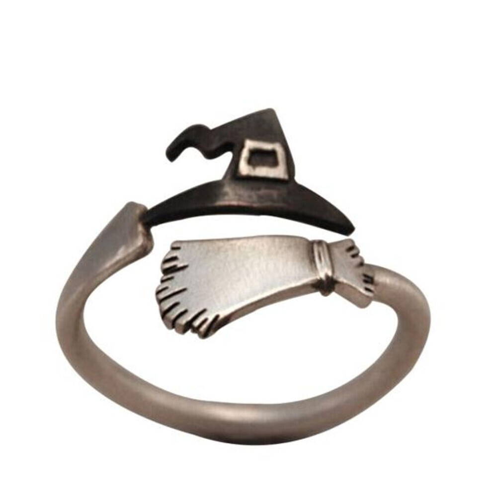 (silver, US 7) Cute Women Halloween Witch Hat Broom Open Finger Ring Adjustable Jewelry Gift