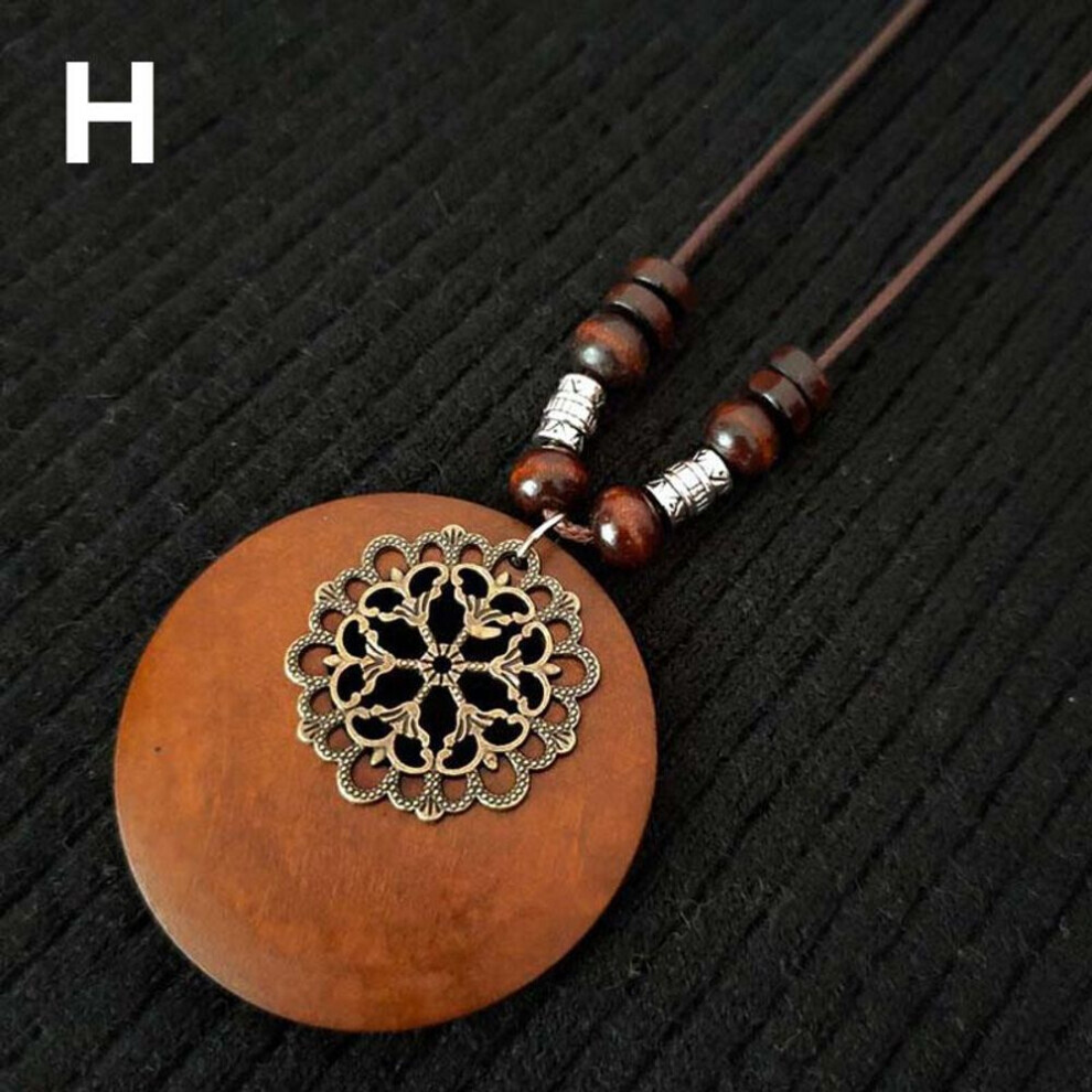 Maxpower (H) 1Pc Leaves Long Chain Choker Beaded Pendant Wooden Necklace Gift Ethnic Style Jewelry Vintage