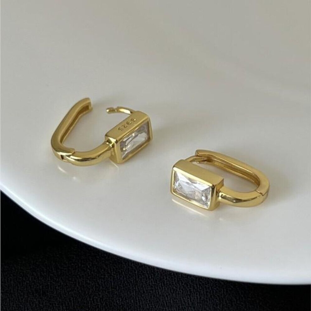 (gold) Anenjery Square Zircon U-shaped Hoop Earrings For Women Exquisite Golden Silver Color Geometric Party Jewelry Gift