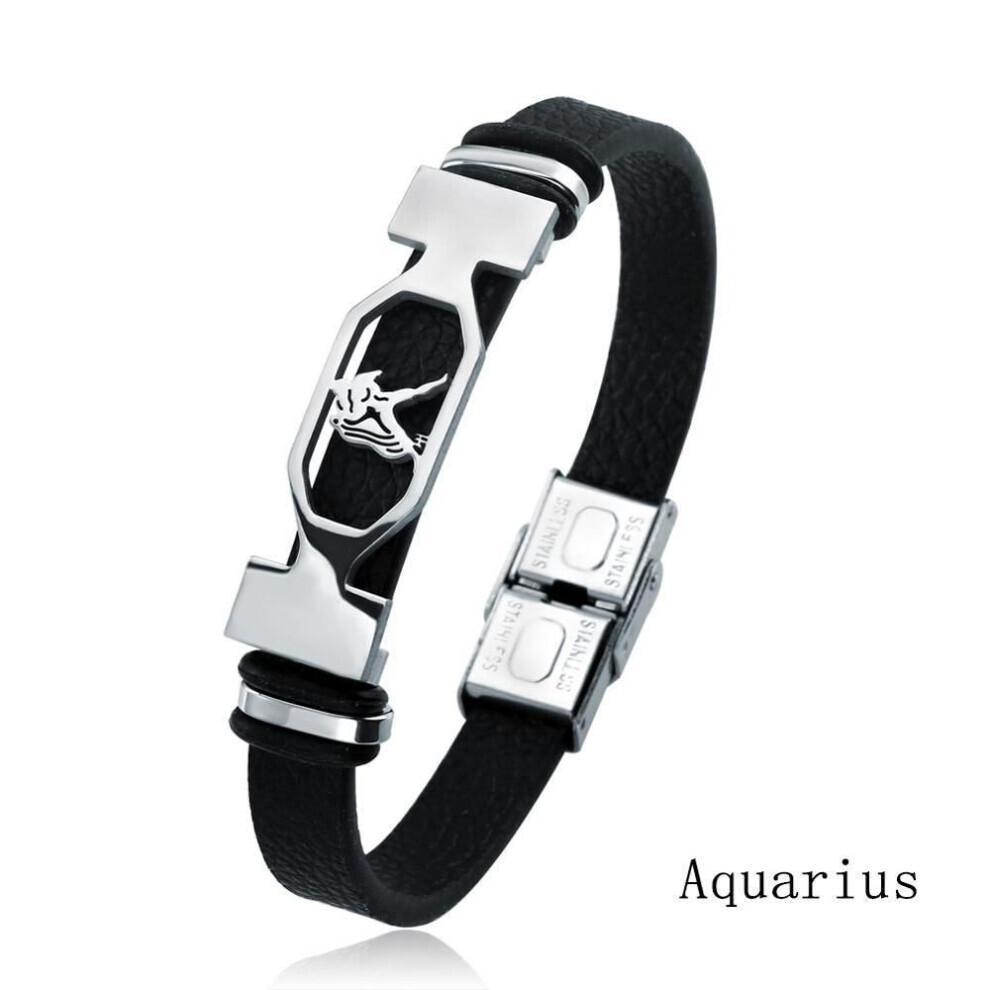 Maxpower (Aquarius) Charm Jewelry 12 Constellations Stainless Steel Leather Cuff Bracelet Men