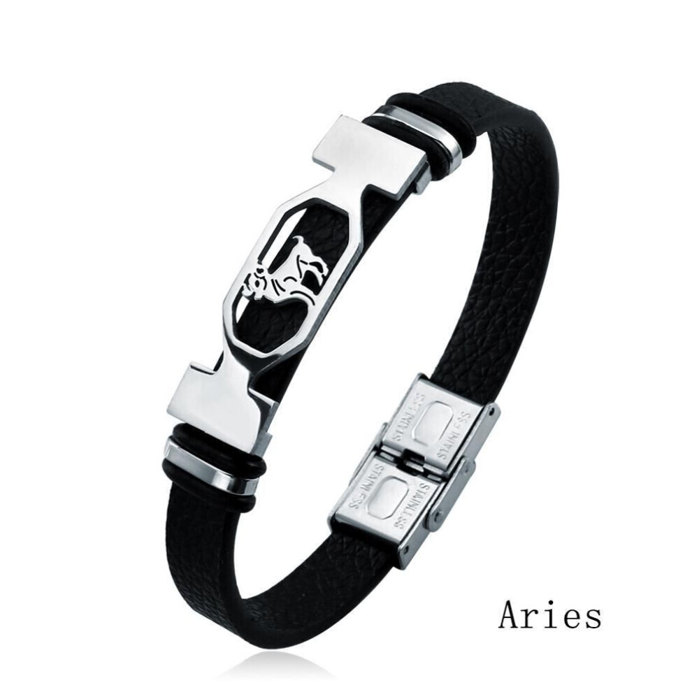 Maxpower (Aries) Charm Jewelry 12 Constellations Stainless Steel Leather Cuff Bracelet Men