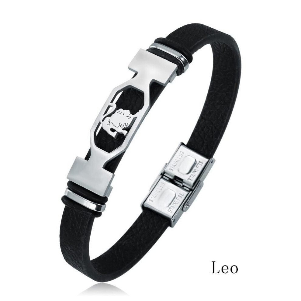 Maxpower (Leo) Charm Jewelry 12 Constellations Stainless Steel Leather Cuff Bracelet Men