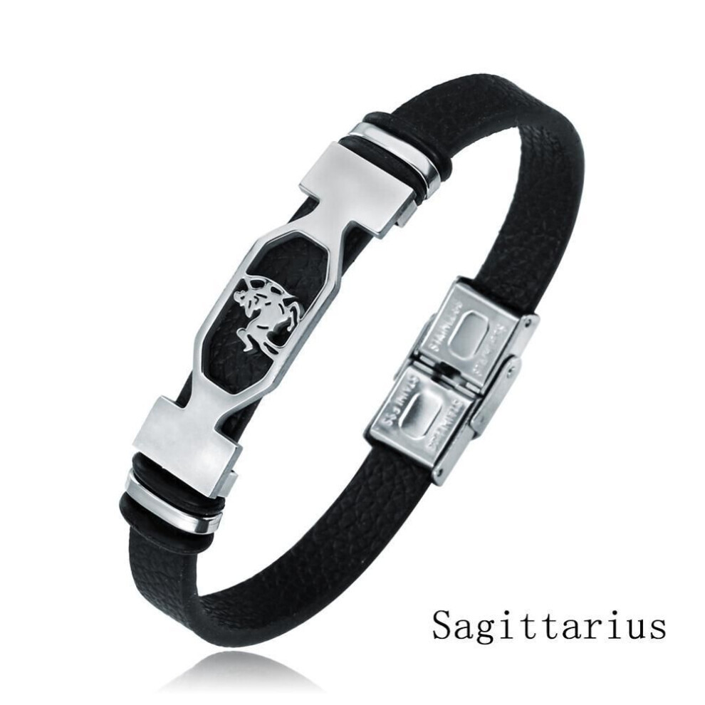 Maxpower (Sagittarius) Charm Jewelry 12 Constellations Stainless Steel Leather Cuff Bracelet Men