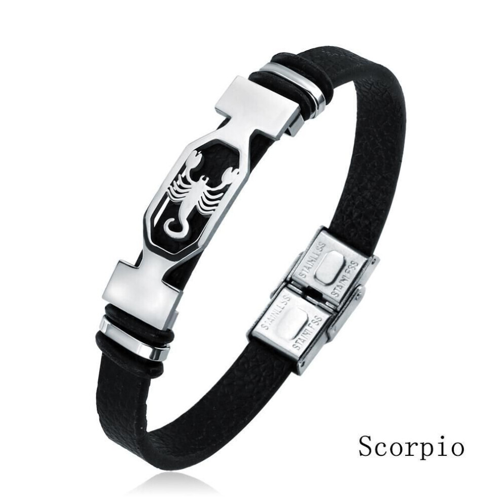 Maxpower (Scorpio) Charm Jewelry 12 Constellations Stainless Steel Leather Cuff Bracelet Men