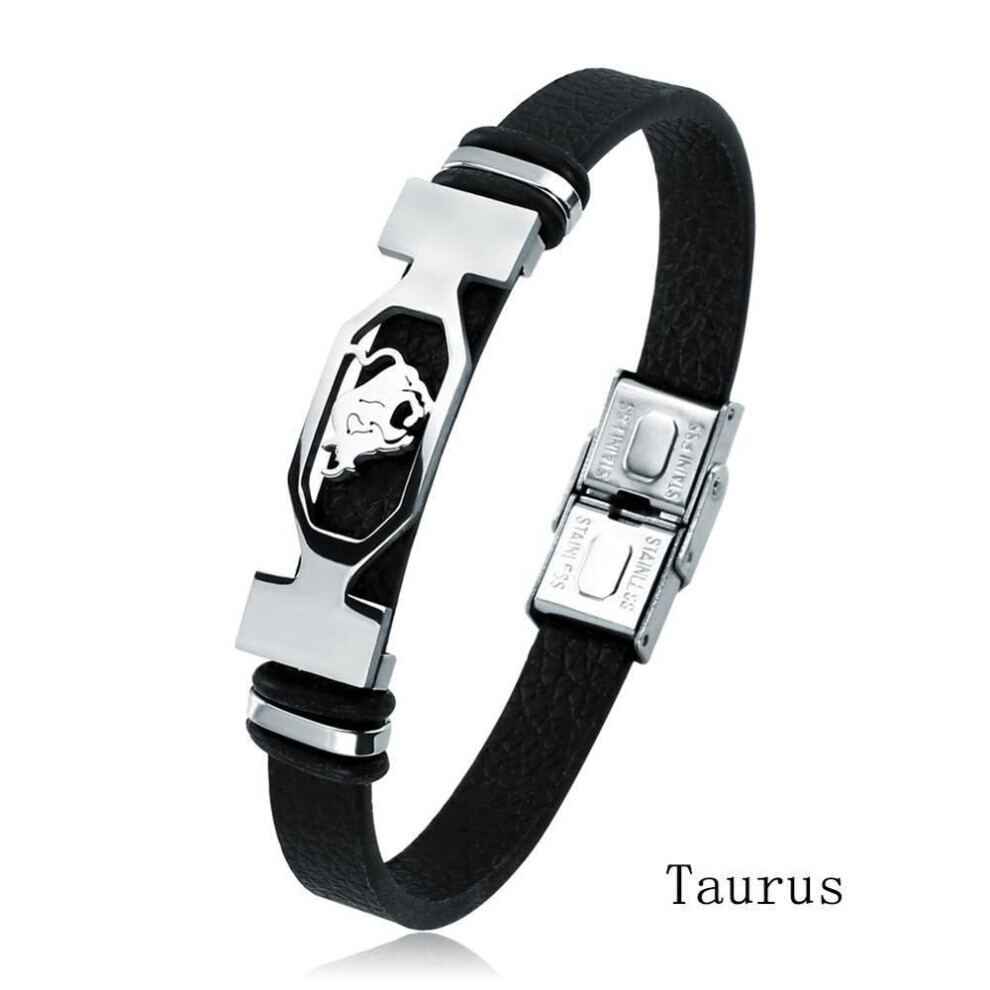 Maxpower (Taurus) Charm Jewelry 12 Constellations Stainless Steel Leather Cuff Bracelet Men