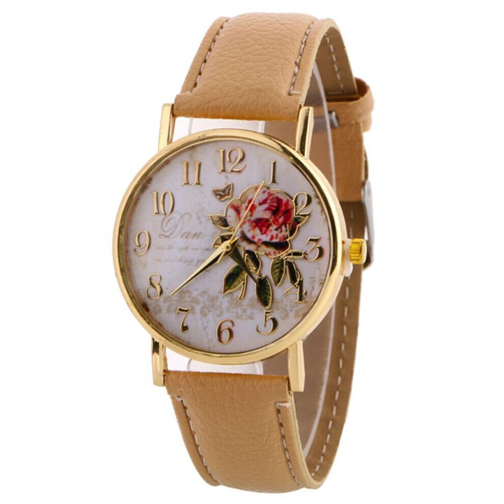 (beige) Useful Women Number Rose Flower Round Dial Faux Leather Band Quartz Wrist Watch
