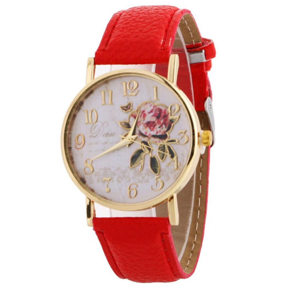 (red) Useful Women Number Rose Flower Round Dial Faux Leather Band Quartz Wrist Watch