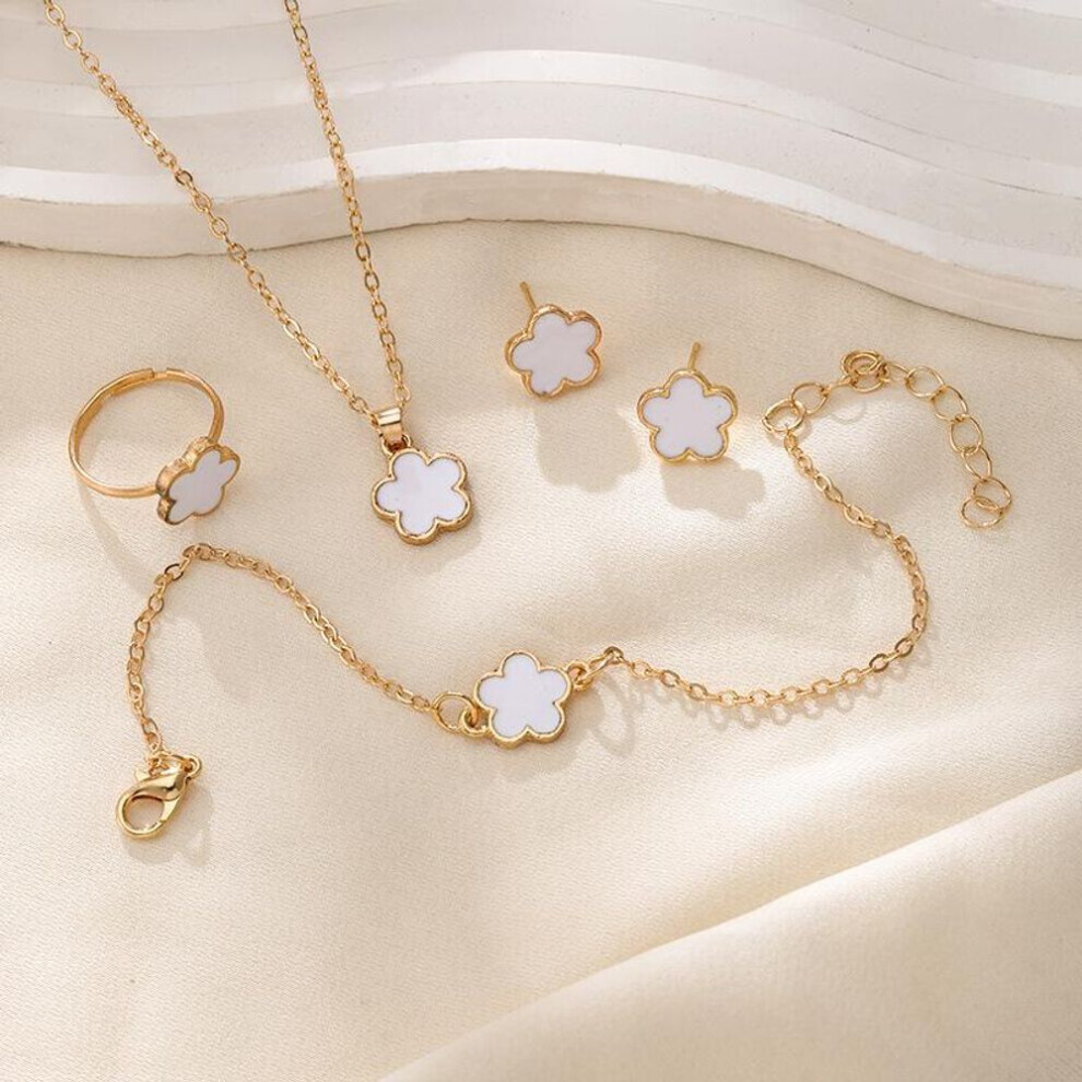 Maxpower (, 4Pcs) 4Pcs Lucky Clover Fashion Five Flower Stainless Steel Fritillariabracelet Necklace Ring Earring Set Women's Jewelry White