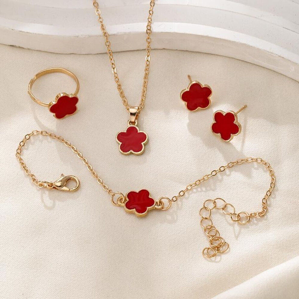 Maxpower (, 4Pcs) 4Pcs Lucky Clover Fashion Five Flower Stainless Steel Fritillariabracelet Necklace Ring Earring Set Women's Jewelry Red