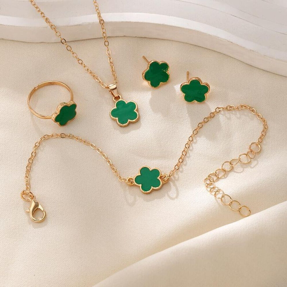 Maxpower (, 4Pcs) 4Pcs Lucky Clover Fashion Five Flower Stainless Steel Fritillariabracelet Necklace Ring Earring Set Women's Jewelry Green