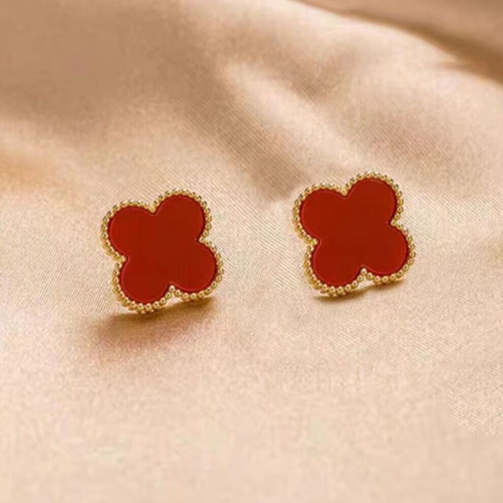 Maxpower (Red) Senior Sense Of Four-Leaf Clover Light Luxury Temperament Women's Earrings Daily Versatile Simple Earrings Red