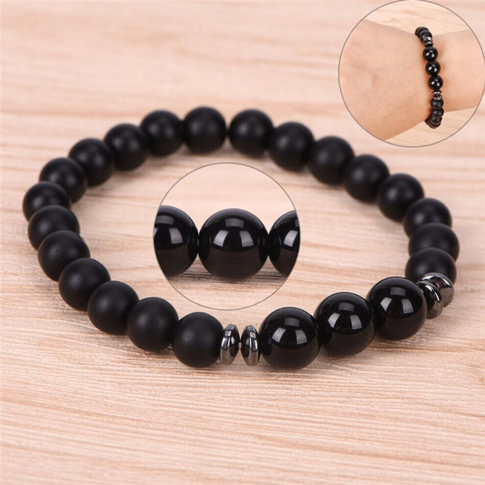 (black, Adjustable) Classic Mens Black Tourmaline Matte Agate Stone Protection Yoga Beaded Stretch Bracelet