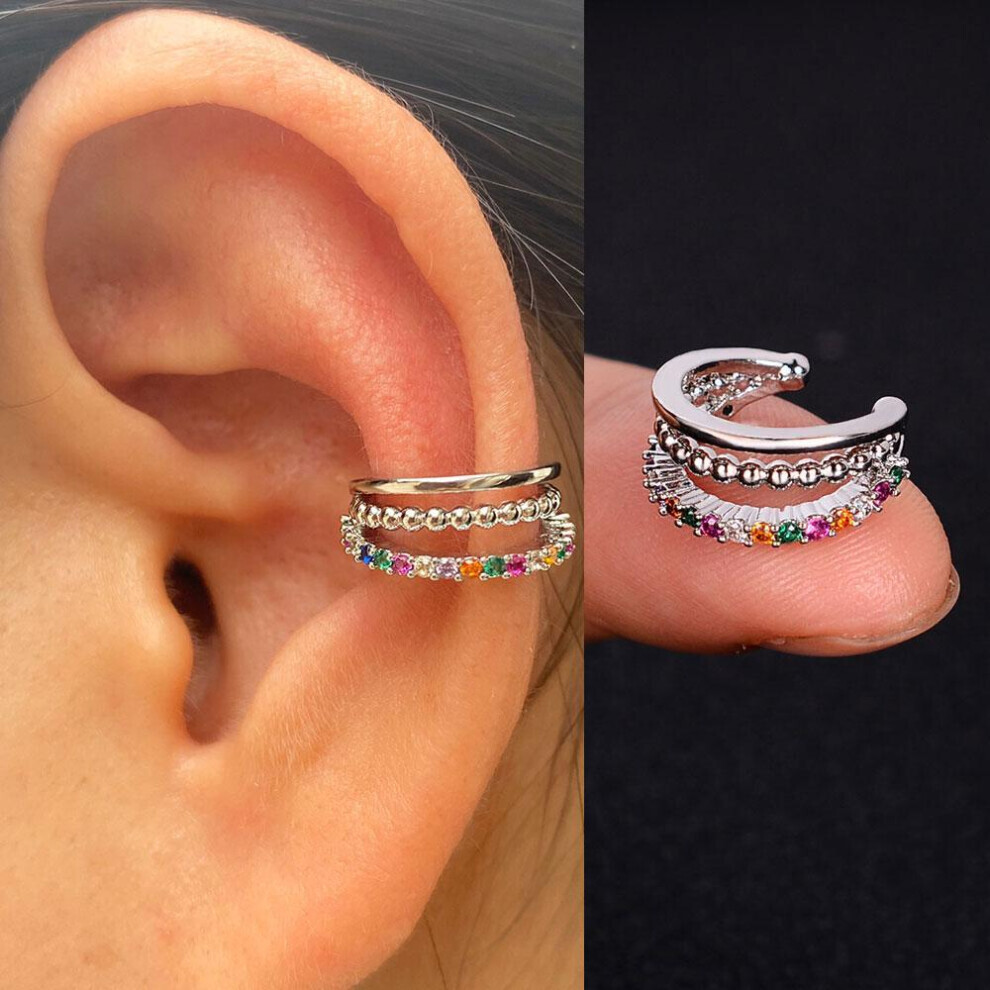 (Silver) 1Piece Zircon Charming Clip On Earrings Ear Cuff Without Piercing Women Geometric C Shape Earscreen Earcuffs Wrap Climb Earring
