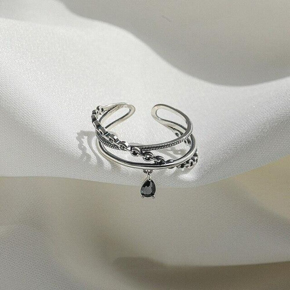 Maxpower (As The Picture, Resizable) Anenjery Three-Layer Cross Black Zircon Water Drop Chain Open Ring For Women