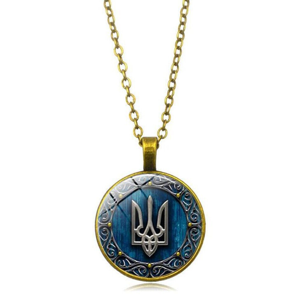 Maxpower (Gold) Tryzub Ukraine Pendant Necklace Ukrainian Rune Vintage Patterns Glass Cabochon Chain Necklaces Men Women Classic Jewelry Gold
