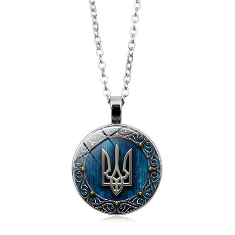Maxpower (Silver) Tryzub Ukraine Pendant Necklace Ukrainian Rune Vintage Patterns Glass Cabochon Chain Necklaces Men Women Classic Jewelry Silver