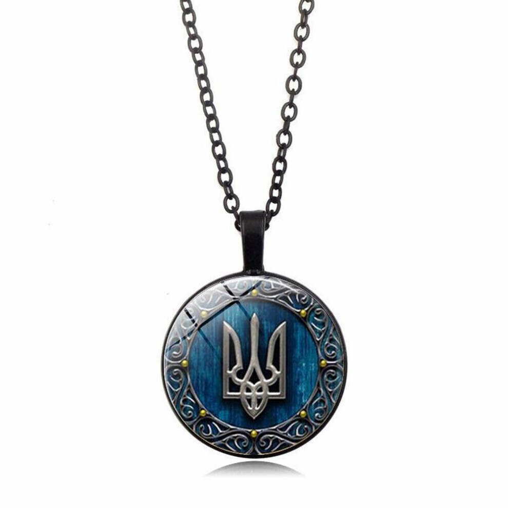 Maxpower (Black) Tryzub Ukraine Pendant Necklace Ukrainian Rune Vintage Patterns Glass Cabochon Chain Necklaces Men Women Classic Jewelry Black