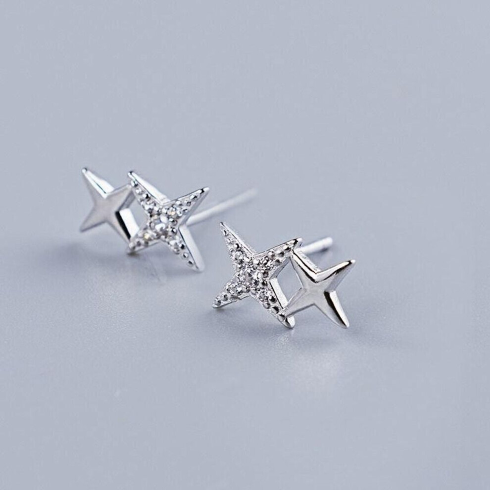Maxpower (Silver) Exquisite Micro Inlaid Four-Pointed Star Plating Earrings Women Tiny Cute Banquet Jewelry Silver
