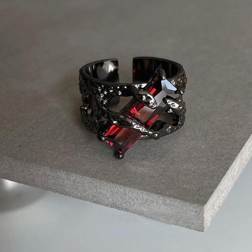 (Black) Punk Black Rings Thorns Red Zircon Hollow-out Finger Ring Couple Women Men Opening Ring Jewelry Gift