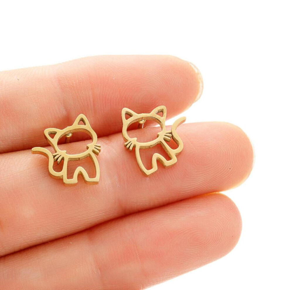 (Gold) 1 Pair Cute Cat Stainless Steel Stud Earrings For Womens Punk Jewelry Gifts Trend Fashion Small Ear Studs Jewelry