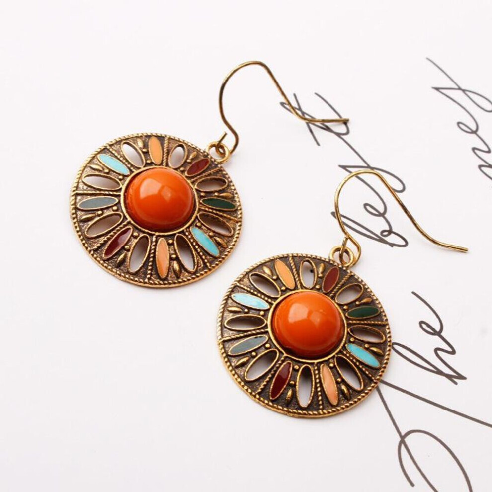 (gold) Vintage Ethnic Flower Oil Drop Dangle Hanging Earrings For Women Female Fashion Lovely Ear Ornaments Jewelry Accessories