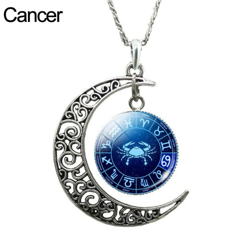 Maxpower (Cancer) Unisex Augury Jewelry 12 Constellations Hollow Crescent Moon Faux Gem Necklace Party Jewelry Gift