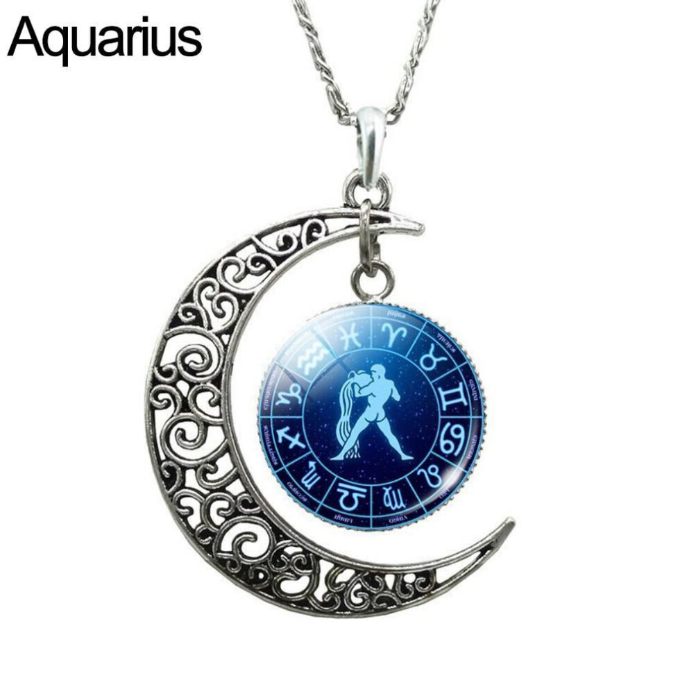 Maxpower (Aquarius) Unisex Augury Jewelry 12 Constellations Hollow Crescent Moon Faux Gem Necklace Party Jewelry Gift Not,Specified