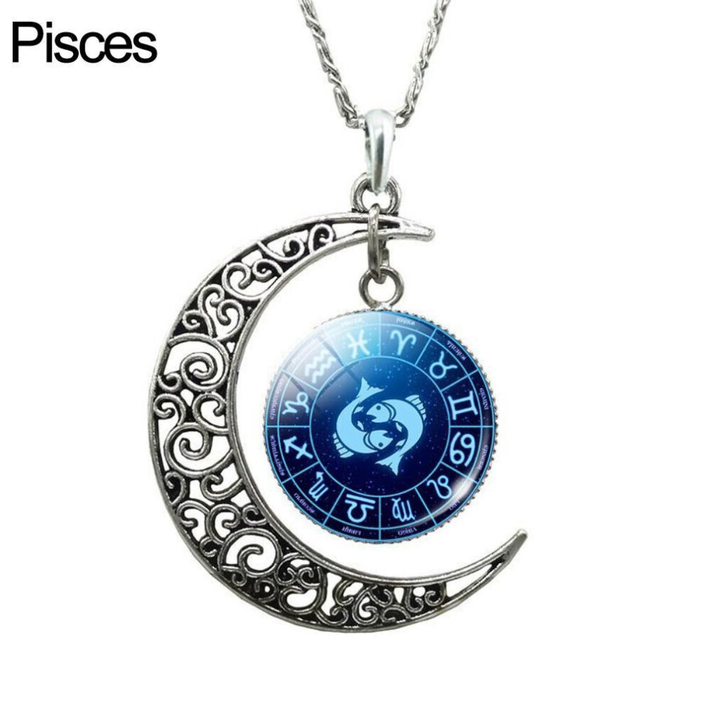 Maxpower (Pisces) Unisex Augury Jewelry 12 Constellations Hollow Crescent Moon Faux Gem Necklace Party Jewelry Gift Not,Specified