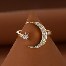 (white) Gold Color Men Women Moon Star Adjustable Ring Crescent White Stone Opening Ring Jewelry