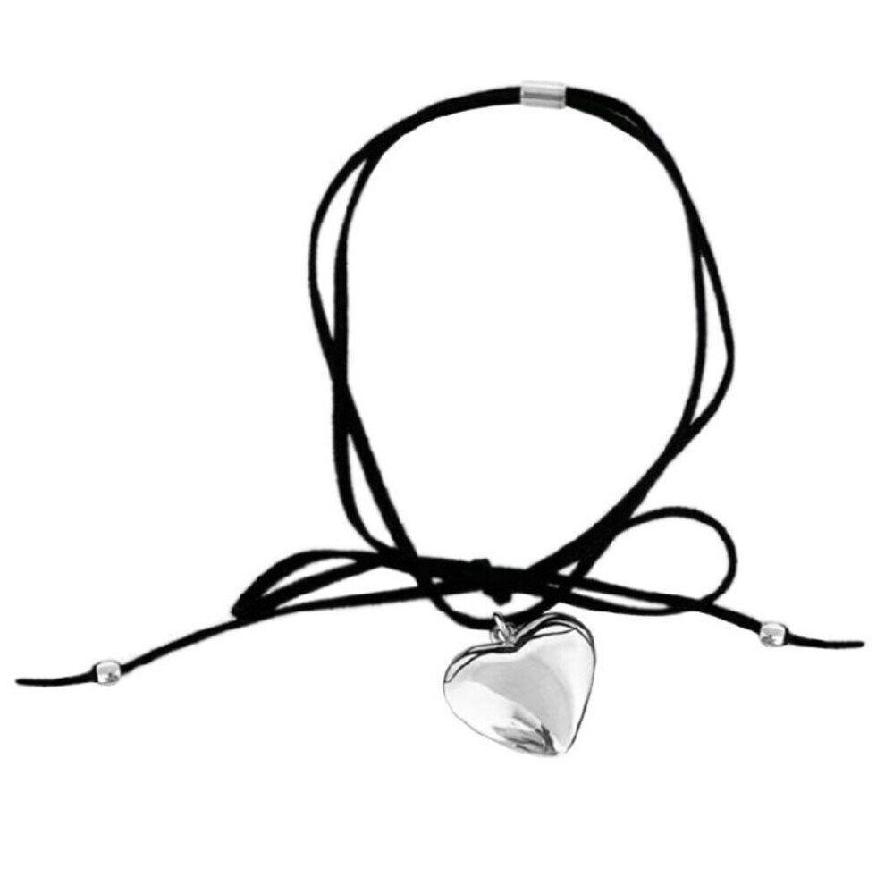 (silver) Sweet Cool Love Heart Pendant Necklace Elegant Collar Choker Necklace Bowknot Neck Tie Chain Jewelry For Women Girls