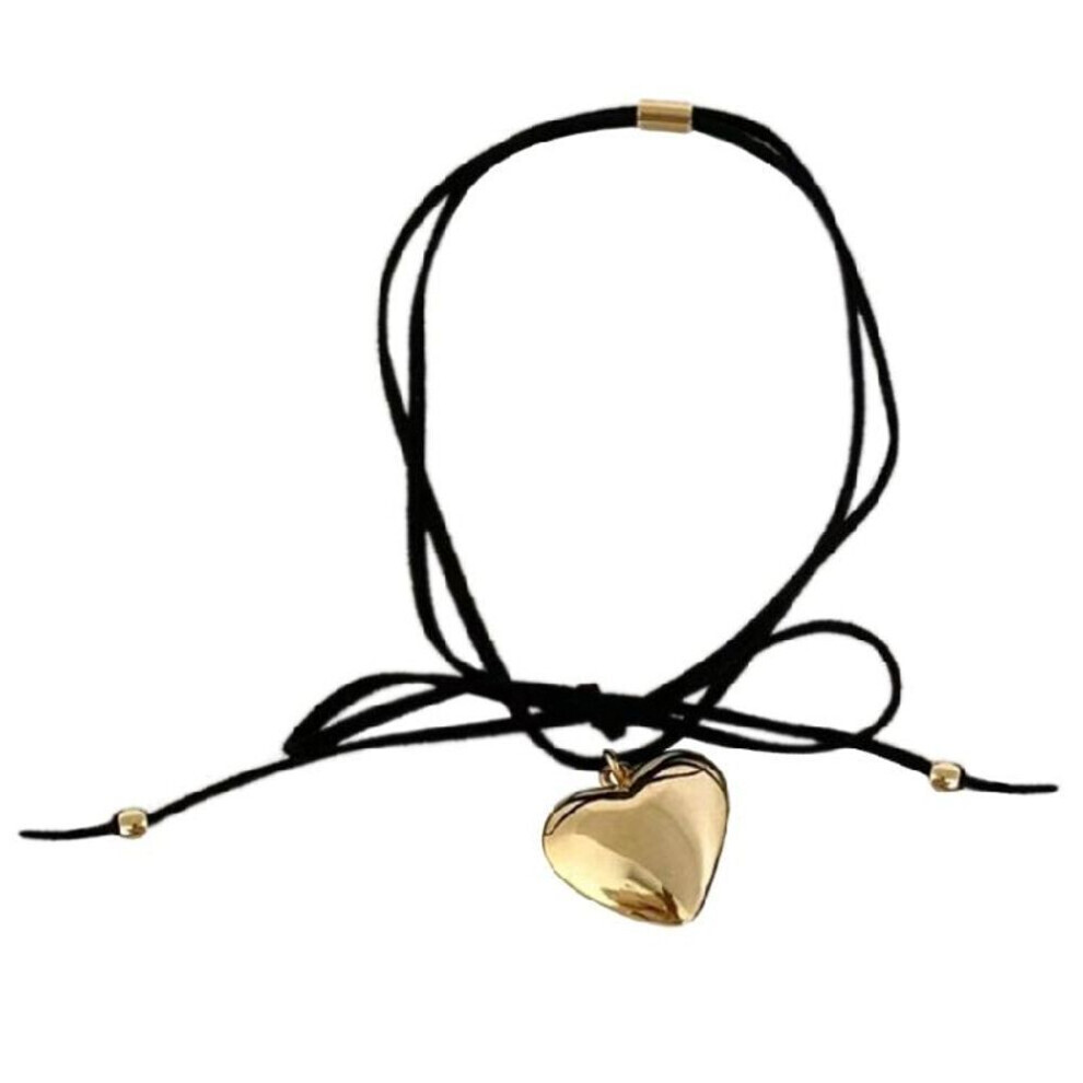 (gold) Sweet Cool Love Heart Pendant Necklace Elegant Collar Choker Necklace Bowknot Neck Tie Chain Jewelry For Women Girls
