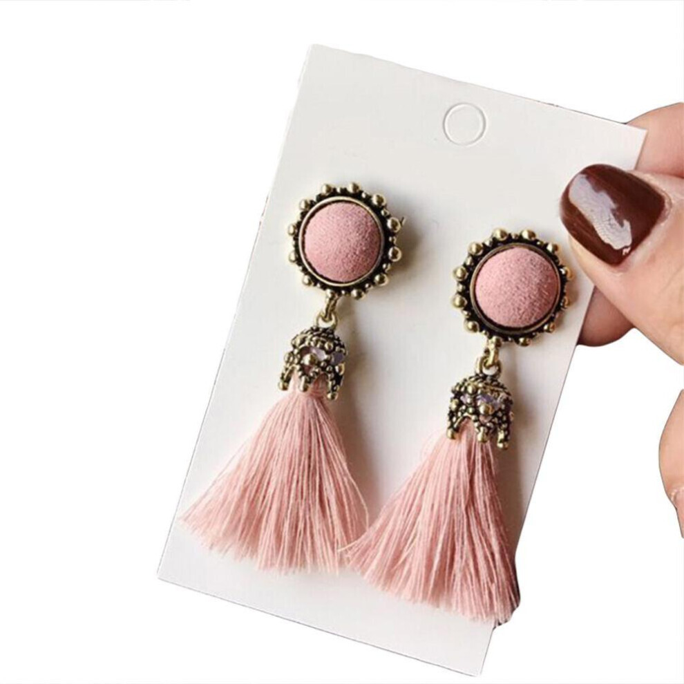 Maxpower (Pink) Vintage Women Tassel Fringed Drop Round Ear Stud Earrings Statement Jewelry Pink