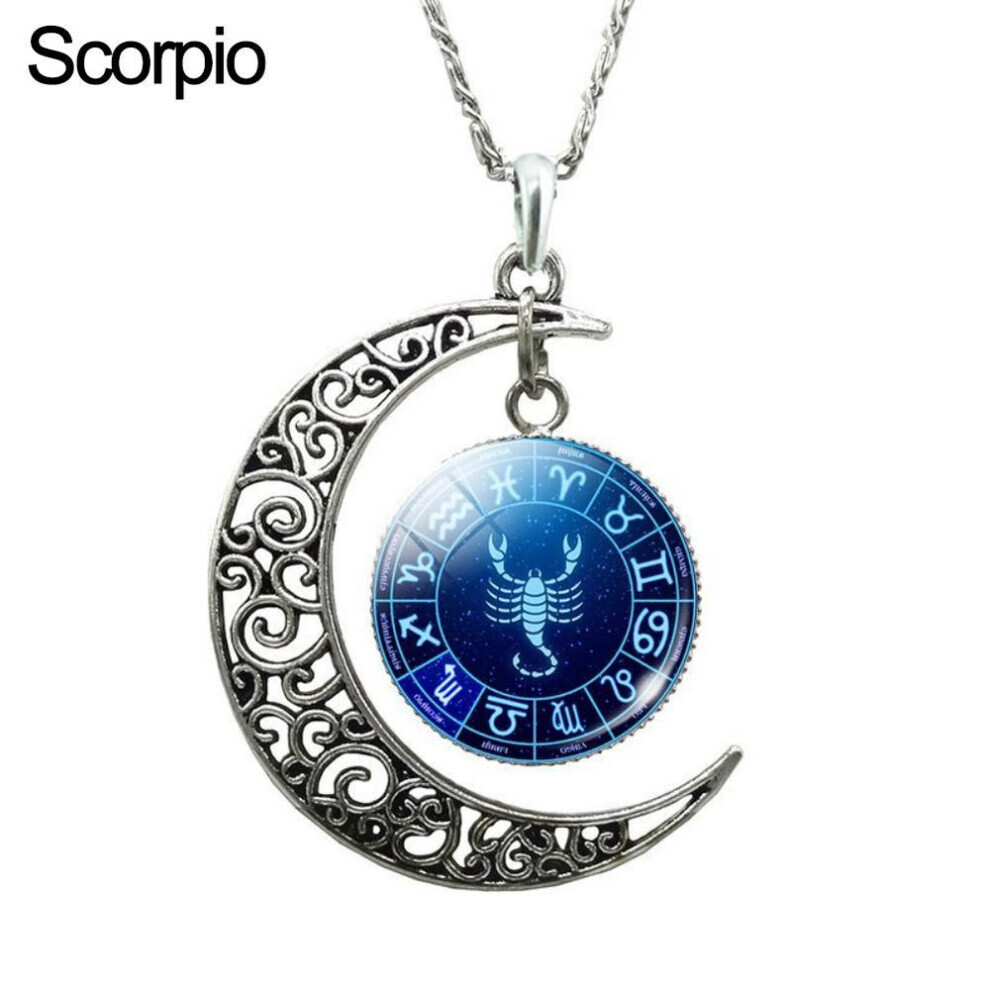 Maxpower (Scorpio) Unisex Augury Jewelry 12 Constellations Hollow Crescent Moon Faux Gem Necklace Party Jewelry Gift