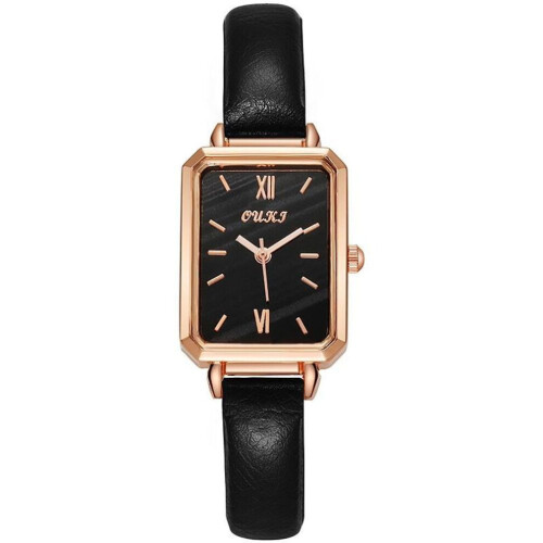 (black) Women's Square Dial Watch With Leather Strap